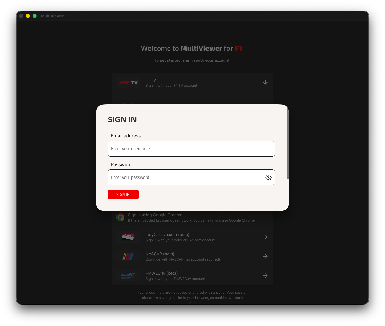 Screenshot showing the F1 TV login screen